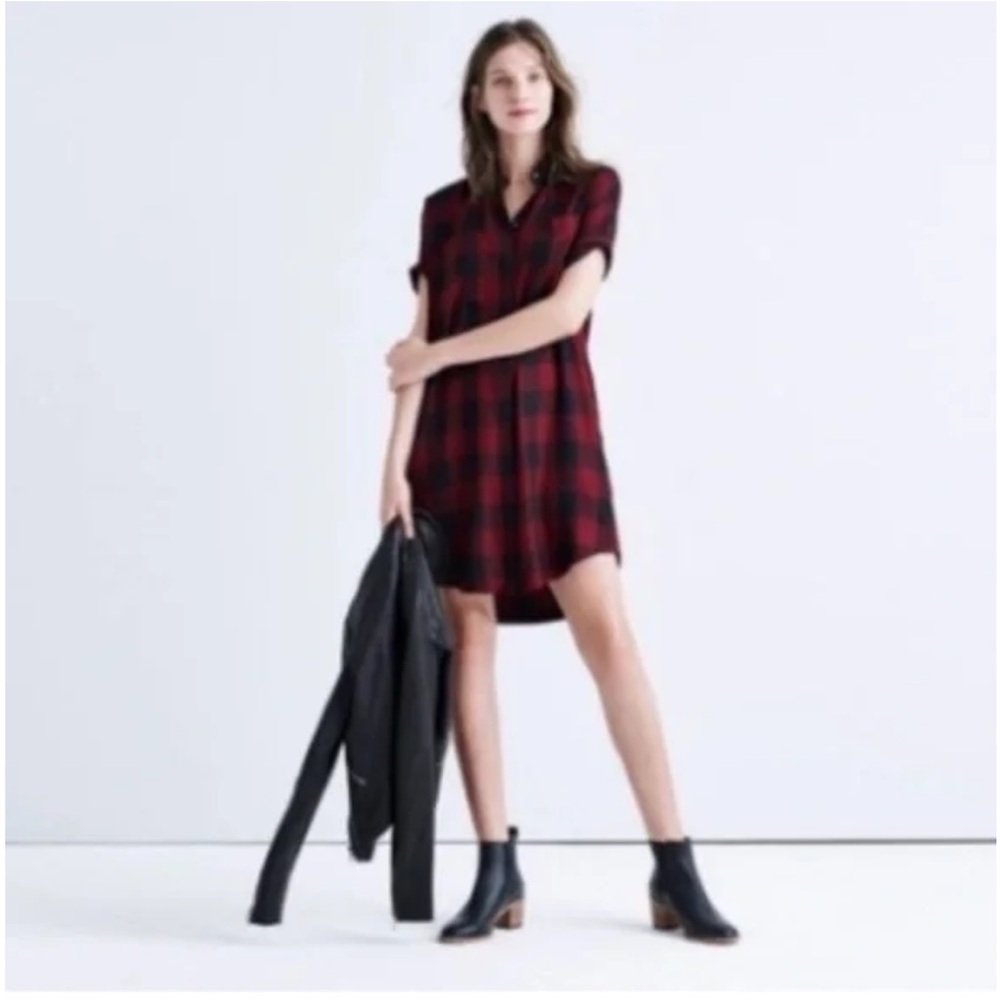 Madewell Plaid Button-Up Dress in Red and Black